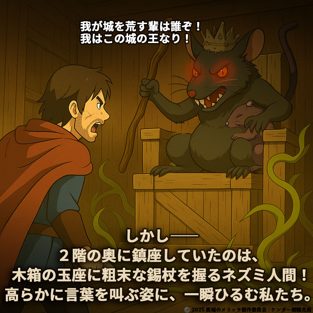 木箱の玉座に粗末な錫杖を握る不気味なネズミ人間